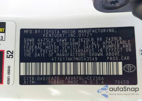 2021 Toyota Camry Se from USA, damaged, VIN 4T1G11AK7MU543549